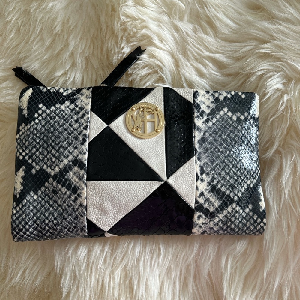 Henri Bendel Black and White Snakeskin Clutch